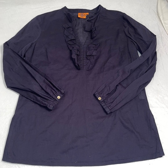 Tory Burch navy blue lightweight ruffle neckline tunic top - Picture 6 of 14